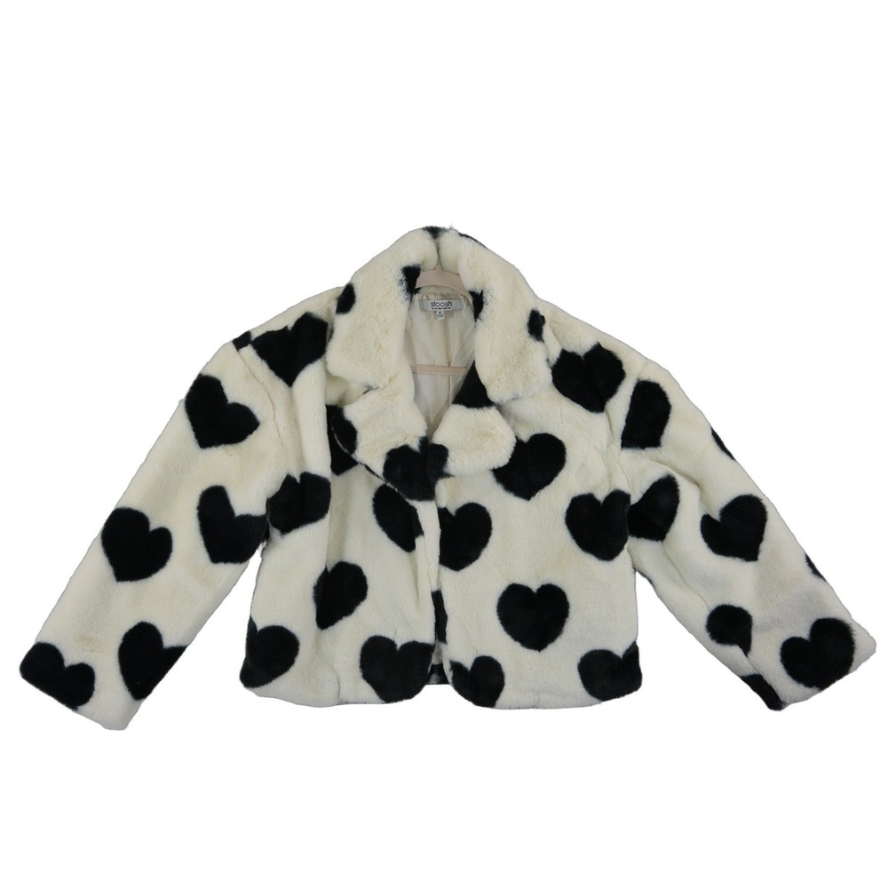 Stoosh Fuzzy Black Cream Heart Jacket Women's Size Medium Cropped Retro Coat